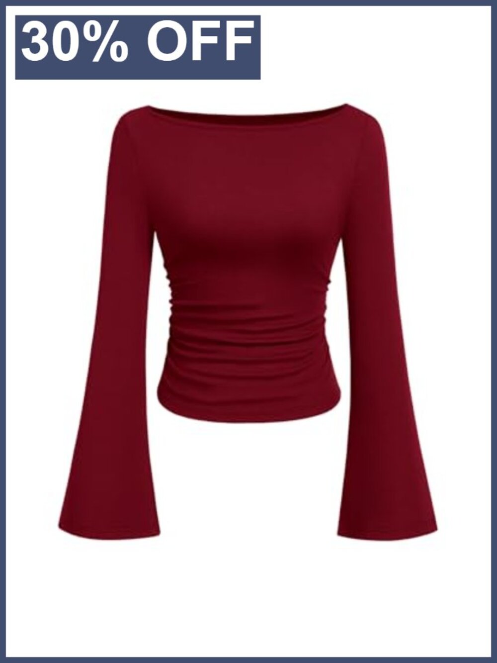 Womens Ribbed Knit Bell Long Sleeve Boat Neck Crop Top